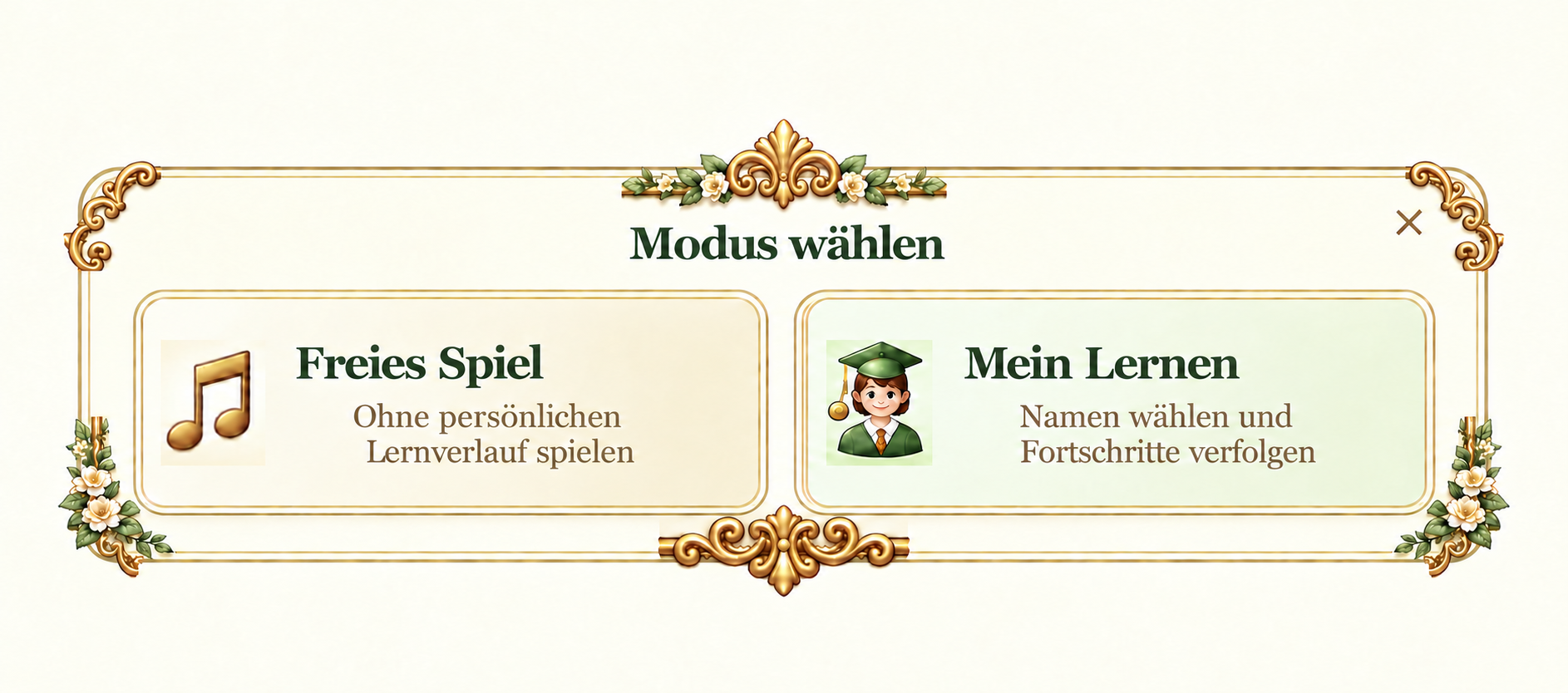Modus wählen: Freies Spiel oder Mein Lernen